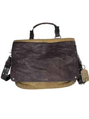 Olivia Harris Large Leather Flap Crossbody Bag Top Handle Croc Two Tone Brown